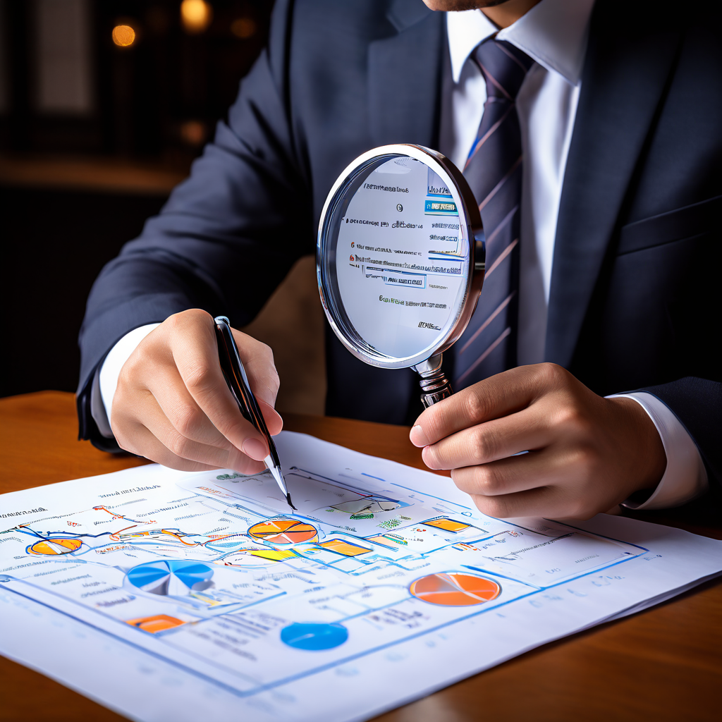 보상 기반 리뷰 시스템의 신뢰성을 분석하기 위해 감사관이 플로우차트의 데이터 포인트를 확대경으로 검토하는 모습을 담은 이미지입니다.