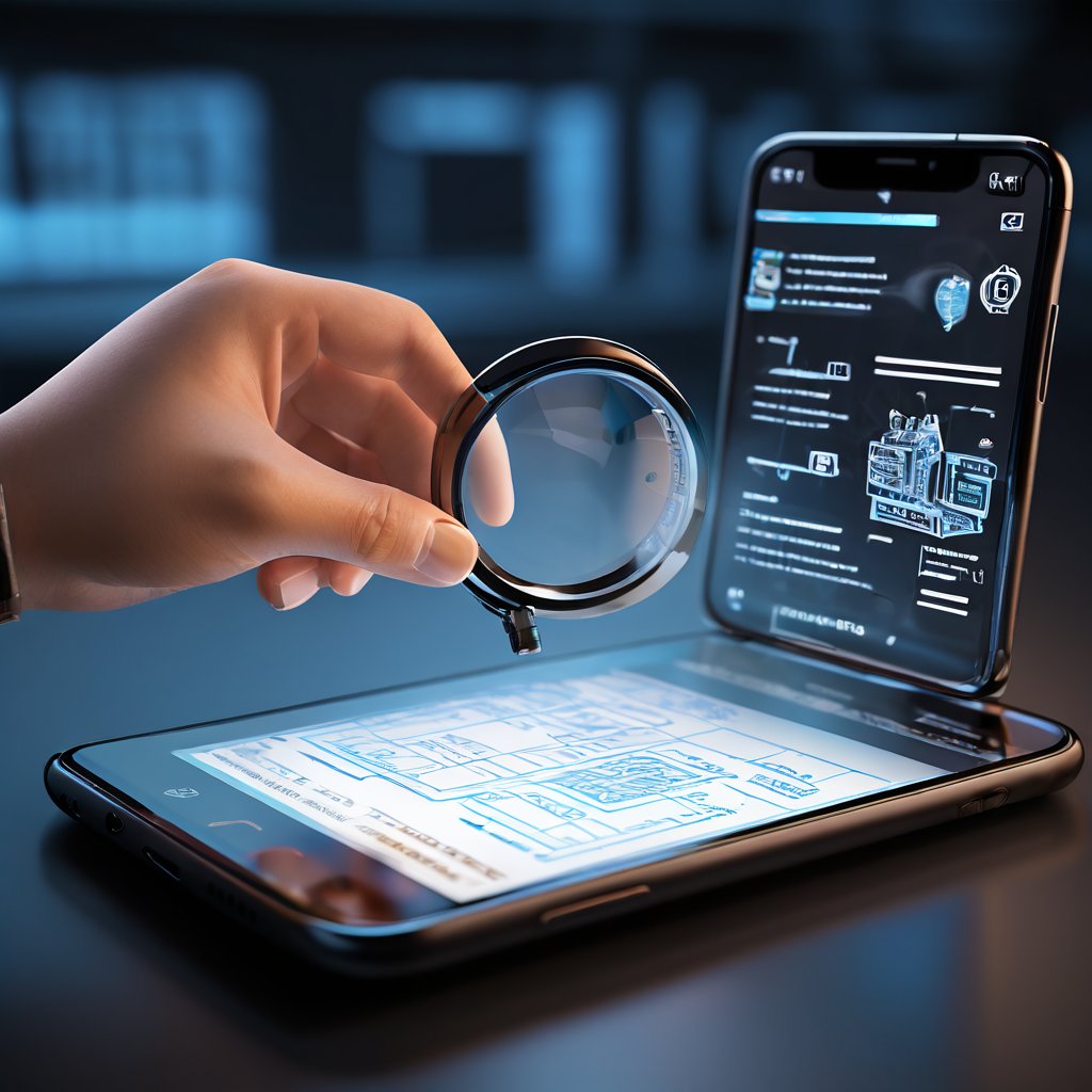 스마트폰 앱 메뉴 위에 놓인 돋보기를 로봇 손이 체크리스트로 평가하며 앱의 사용성과 메뉴 구성 명확성을 점검하는 과정을 보여주는 이미지입니다.