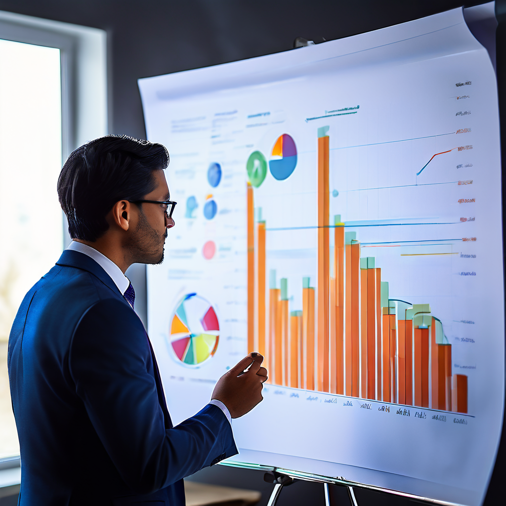 분석가가 검토하는 금융 차트의 데이터가 빈 리뷰 박스와 의미 없는 말풍선 속으로 사라져 가는 것을 표현한 이미지로, 실질적 내용 없는 피드백의 무의미함을 상징합니다.