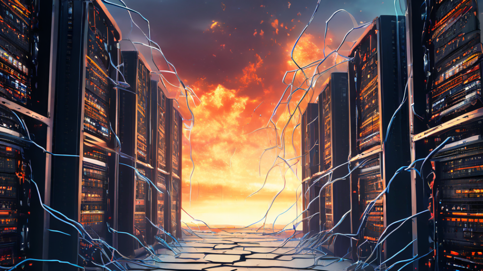 단일 서버가 과부하로 표면에 균열이 생기며 버티는 모습과 배경에 확장 가능한 클라우드 서버들이 거대하게 연결되어 우뚝 선 IT 인프라 대비 구도를 보여주는 이미지입니다.