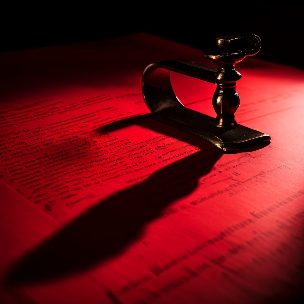 법률 문서에서 빨간색으로 강조된 단일 조항이 함정처럼 긴 그림자를 드리우며 계약서의 위험한 포인트를 시각적으로 경고하는 모습을 담은 이미지입니다.