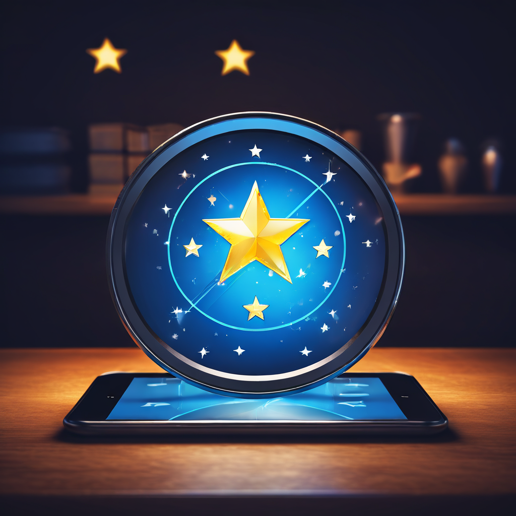 신뢰할 수 있는 리뷰를 확인하는 과정을 상징하는 이미지로, 태블릿 화면의 신뢰성 높은 평가 위에 돋보기, 방패 아이콘, 확인 표시가 놓여 있습니다.