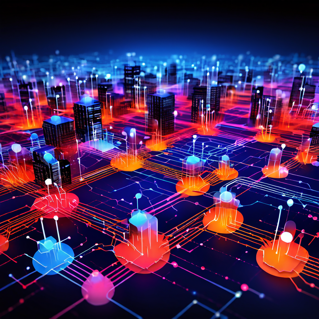 데이터 흐름과 활동 패턴이 생생한 색상으로 강조된 여러 상호 연결된 커뮤니티를 보여주는 복잡한 네트워크 구조의 개념도입니다.