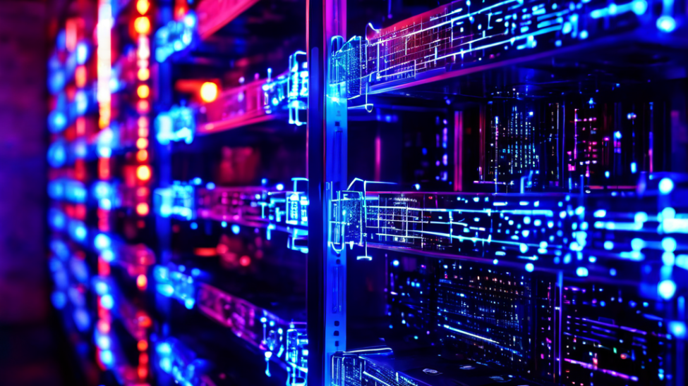 블록체인 기술의 핵심인 디지털 원장이 빛나며, 무작위 숫자 시퀀스가 보안 처리된 서버 랙과 데이터 블록으로 흘러들어가는 보안 데이터 흐름 과정을 상징적으로 묘사한 이미지입니다.