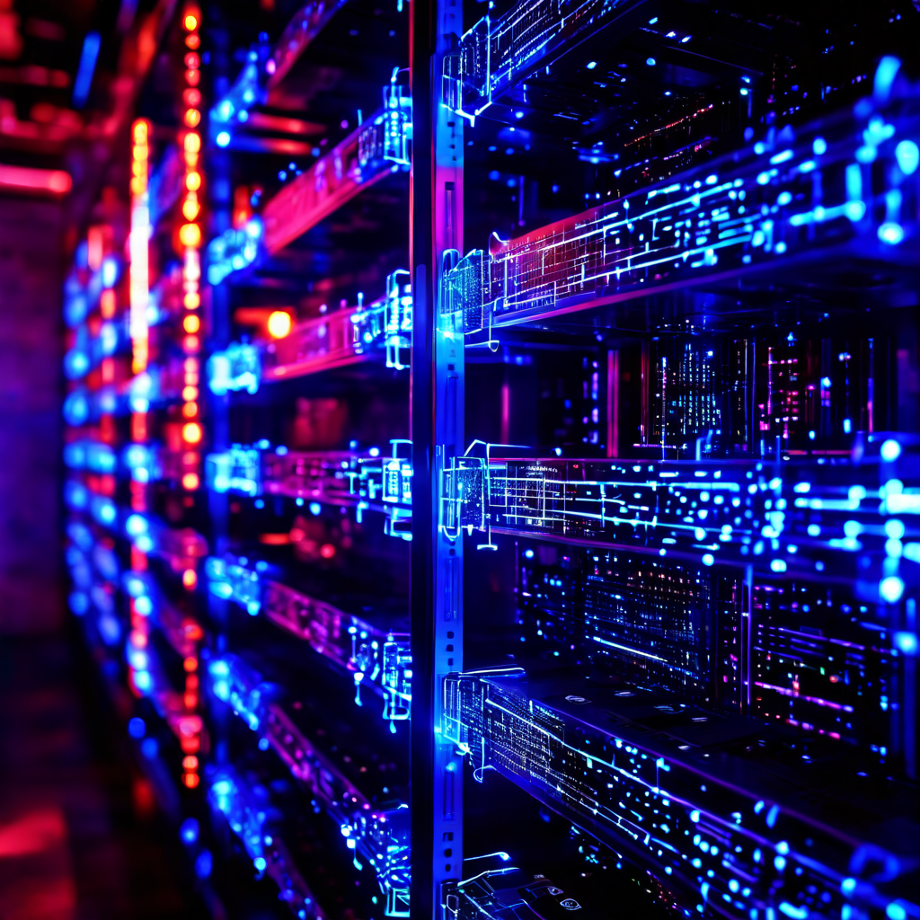 블록체인 기술의 핵심인 디지털 원장이 빛나며, 무작위 숫자 시퀀스가 보안 처리된 서버 랙과 데이터 블록으로 흘러들어가는 보안 데이터 흐름 과정을 상징적으로 묘사한 이미지입니다.