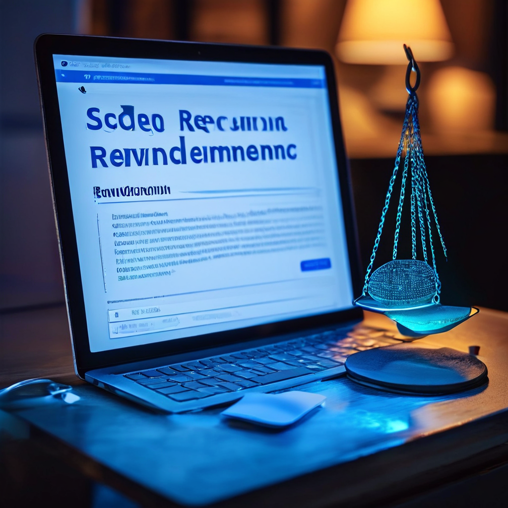 진짜 리뷰 문서와 가짜 찬사 링크가 컴퓨터 화면 속 저울 위에서 균형을 맞추는 모습으로, 온라인 평판 관리의 진실성과 허위 정보 사이의 갈등을 상징적으로 표현한 이미지입니다.