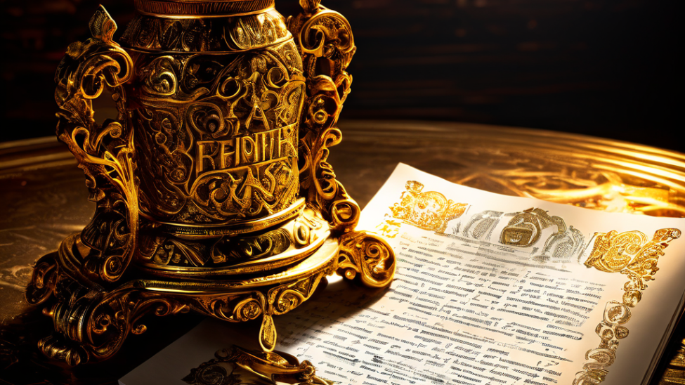 교묘하게 숨겨진 불리한 조건을 상징하는 복잡한 세부사항이 화려한 장식 그림자 속에 감춰진, 현혹적인 황금색 계약서가 사기성 보너스 제안의 위험성을 경고하는 이미지입니다.