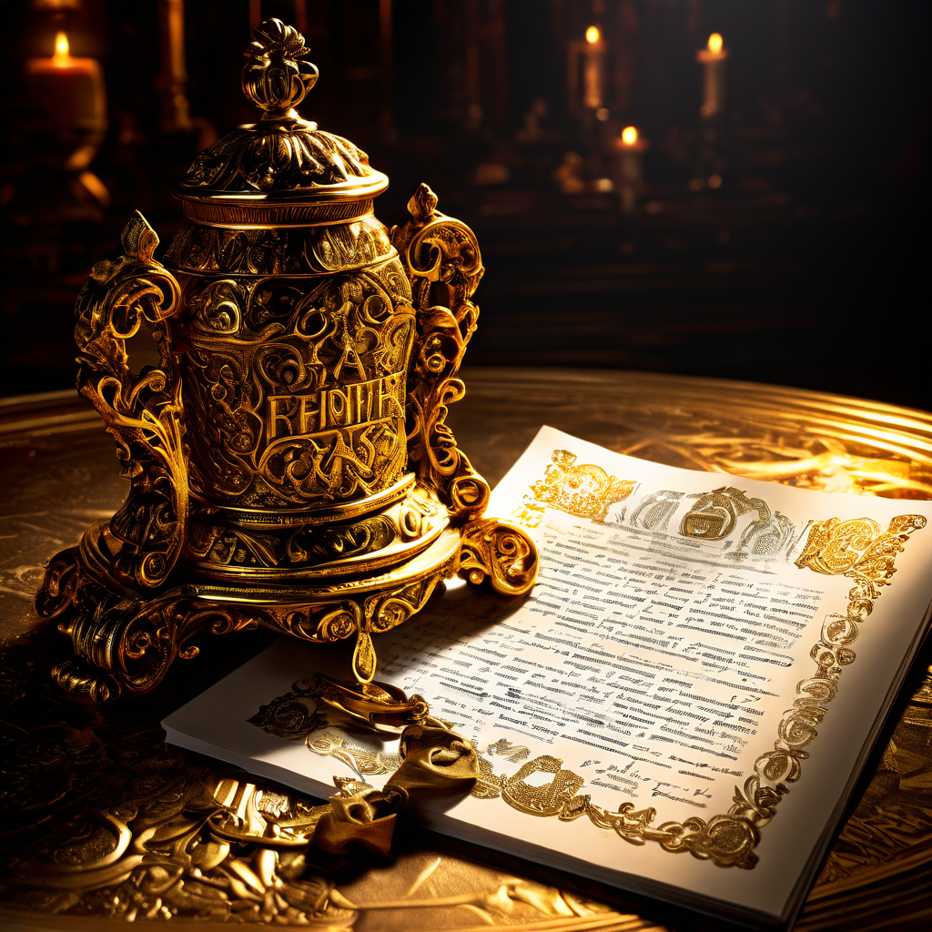 교묘하게 숨겨진 불리한 조건을 상징하는 복잡한 세부사항이 화려한 장식 그림자 속에 감춰진, 현혹적인 황금색 계약서가 사기성 보너스 제안의 위험성을 경고하는 이미지입니다.