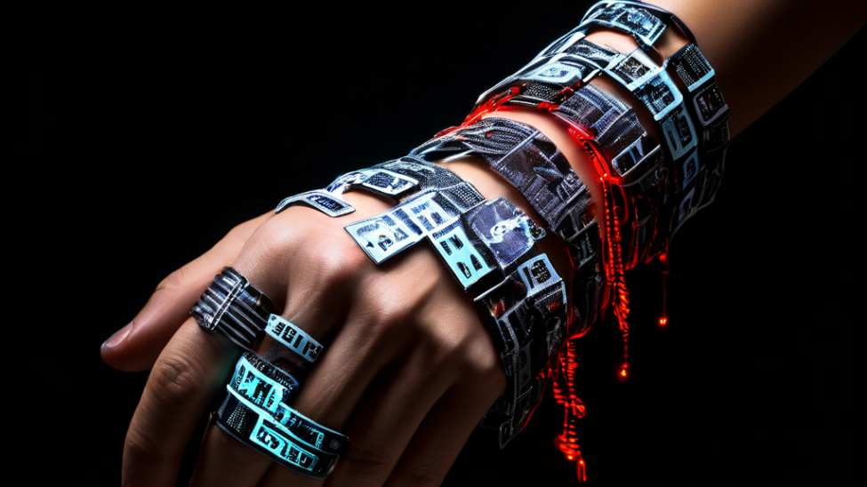 디지털 금융 감시와 개인정보의 구속을 상징하는 손목에 은행 계좌번호로 이루어진 사슬과 빛나는 IP 주소 태그가 묶인 모습을 표현한 이미지입니다.