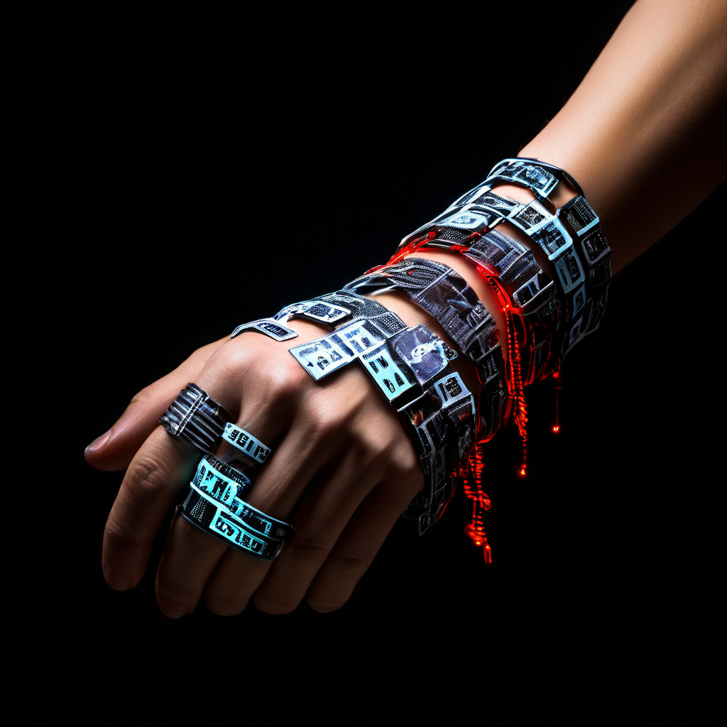 디지털 금융 감시와 개인정보의 구속을 상징하는 손목에 은행 계좌번호로 이루어진 사슬과 빛나는 IP 주소 태그가 묶인 모습을 표현한 이미지입니다.