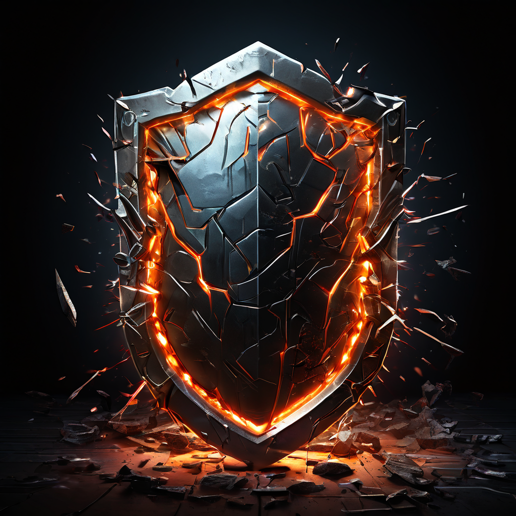 디지털 보안이 그림자 같은 사용자들의 지속적인 공격으로 인해 균열이 가기 시작하는 디지털 실드의 은유적 이미지입니다.