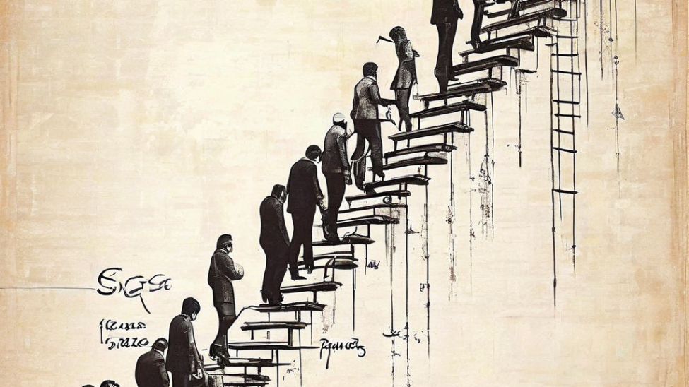 성공의 벽 앞에 놓인 사다리를 무작정 오르는 이름 없는 군중의 모습에서 현대 사회의 획일화된 성공 기준과 맹목적 경쟁을 암시하는 풍자적 이미지입니다.