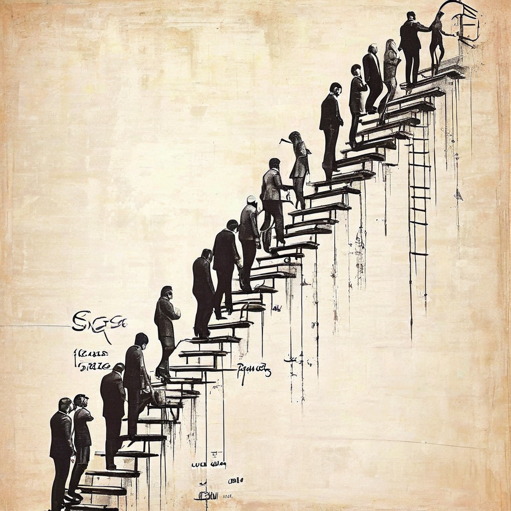 성공의 벽 앞에 놓인 사다리를 무작정 오르는 이름 없는 군중의 모습에서 현대 사회의 획일화된 성공 기준과 맹목적 경쟁을 암시하는 풍자적 이미지입니다.