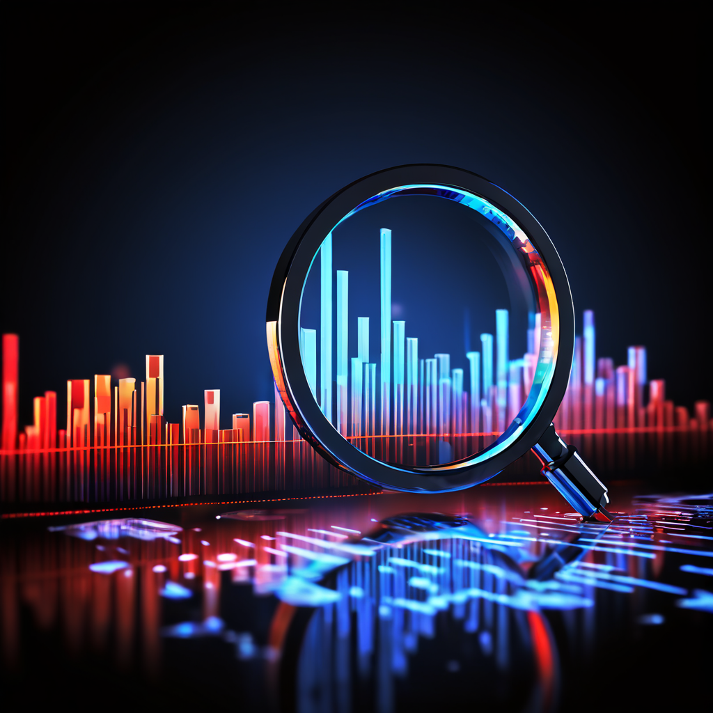 데이터 분석 과정에서 확대경으로 막대 그래프의 핵심 정보를 선명하게 살펴보며, 배경의 복잡한 감정 요소들은 희미해져 가는 모습을 담은 개념도 이미지입니다.