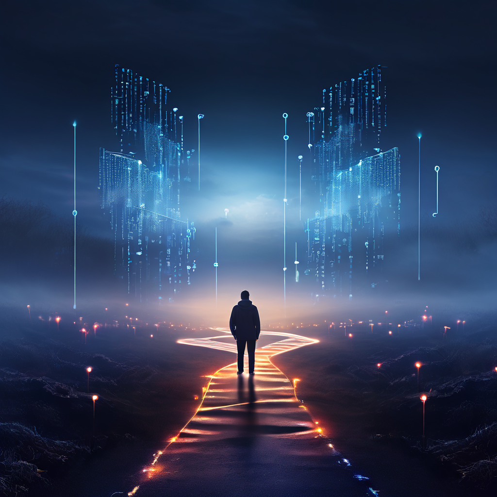 사용자가 명확한 데이터 포인트가 빛나는 길과 모호한 안개에 가려진 길 중 선택의 기로에 서 있으며, 정보의 명확성이 의사 결정에 영향을 미치는 개념을 시각적으로 표현한 이미지입니다.