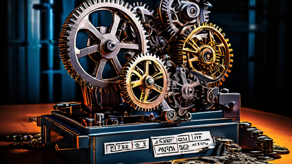 가짜 리뷰와 유료 평점이라고 표시된 기어들이 망가져 정지된 복잡한 기계가, 왜곡된 데이터를 보여주는 그래프 위로 부서진 부품을 쏟아내고 있는 모습을 묘사한 이미지입니다.