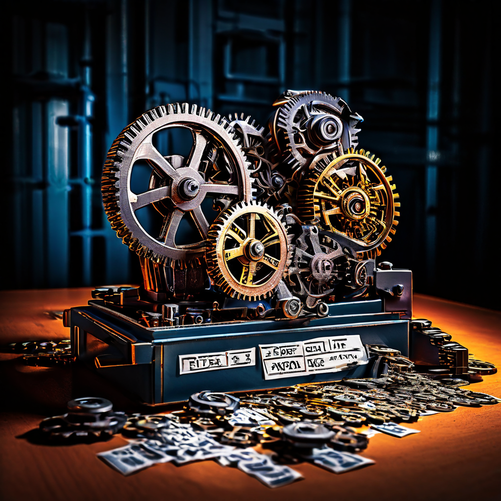 가짜 리뷰와 유료 평점이라고 표시된 기어들이 망가져 정지된 복잡한 기계가, 왜곡된 데이터를 보여주는 그래프 위로 부서진 부품을 쏟아내고 있는 모습을 묘사한 이미지입니다.