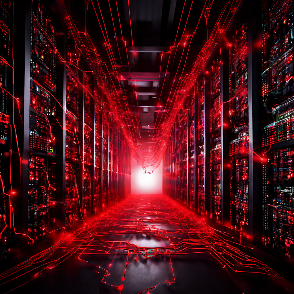 데이터 과부하로 인한 디지털 체인 리액션을 상징적으로 표현한 이미지로, 서버 랙이 균열되고 비즈니스 성과 그래프가 급락하는 모습을 보여줍니다.