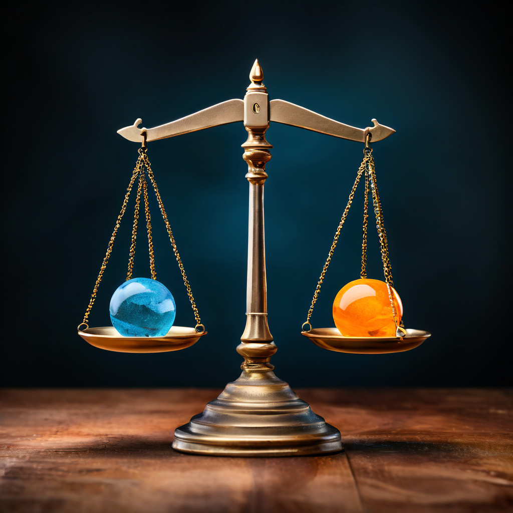 균형 잡힌 저울에 양쪽으로 동등하게 흐르는 정보가 중립적인 길 위에서 명확하고 확신에 찬 선택을 이끄는 모습을 상징적으로 표현한 이미지입니다.