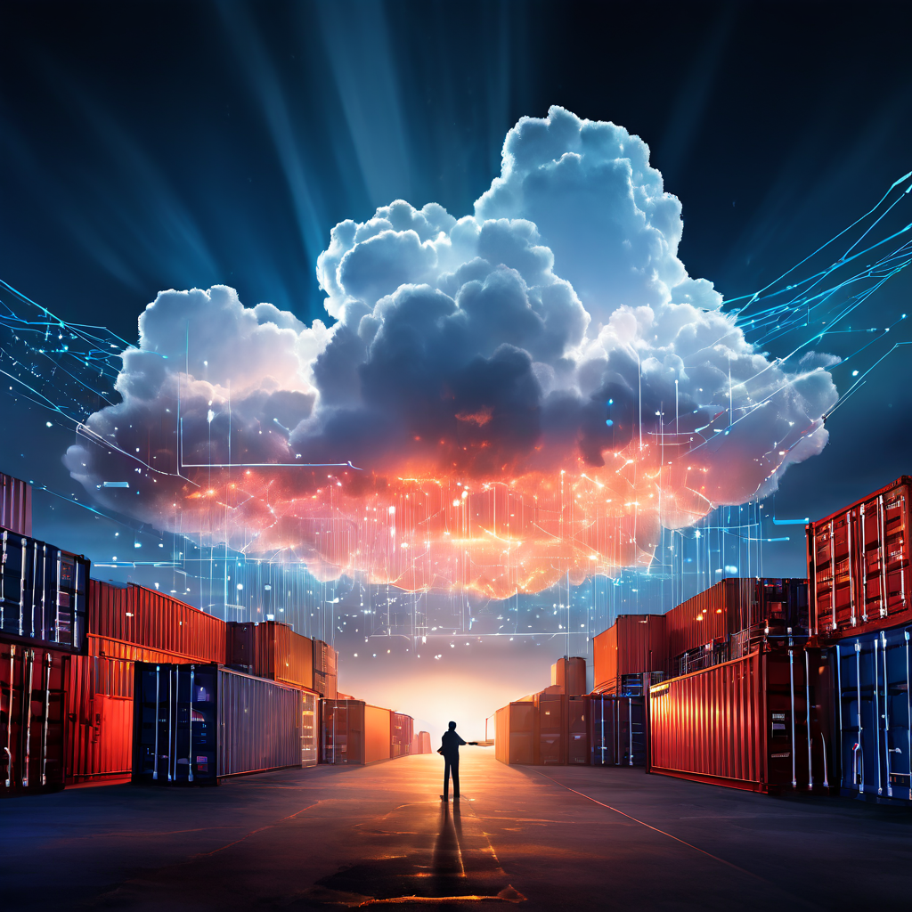 마이크로서비스 아키텍처가 선박 컨테이너 모듈에 구현되어 상호 연결되고, 디지털 환경에서 오케스트레이션 도구가 지휘봉처럼 이들의 데이터 흐름을 조율하며 동작하는 클라우드 컴퓨팅 시스템을 상징적으로 표현한 개념 이미지입니다.