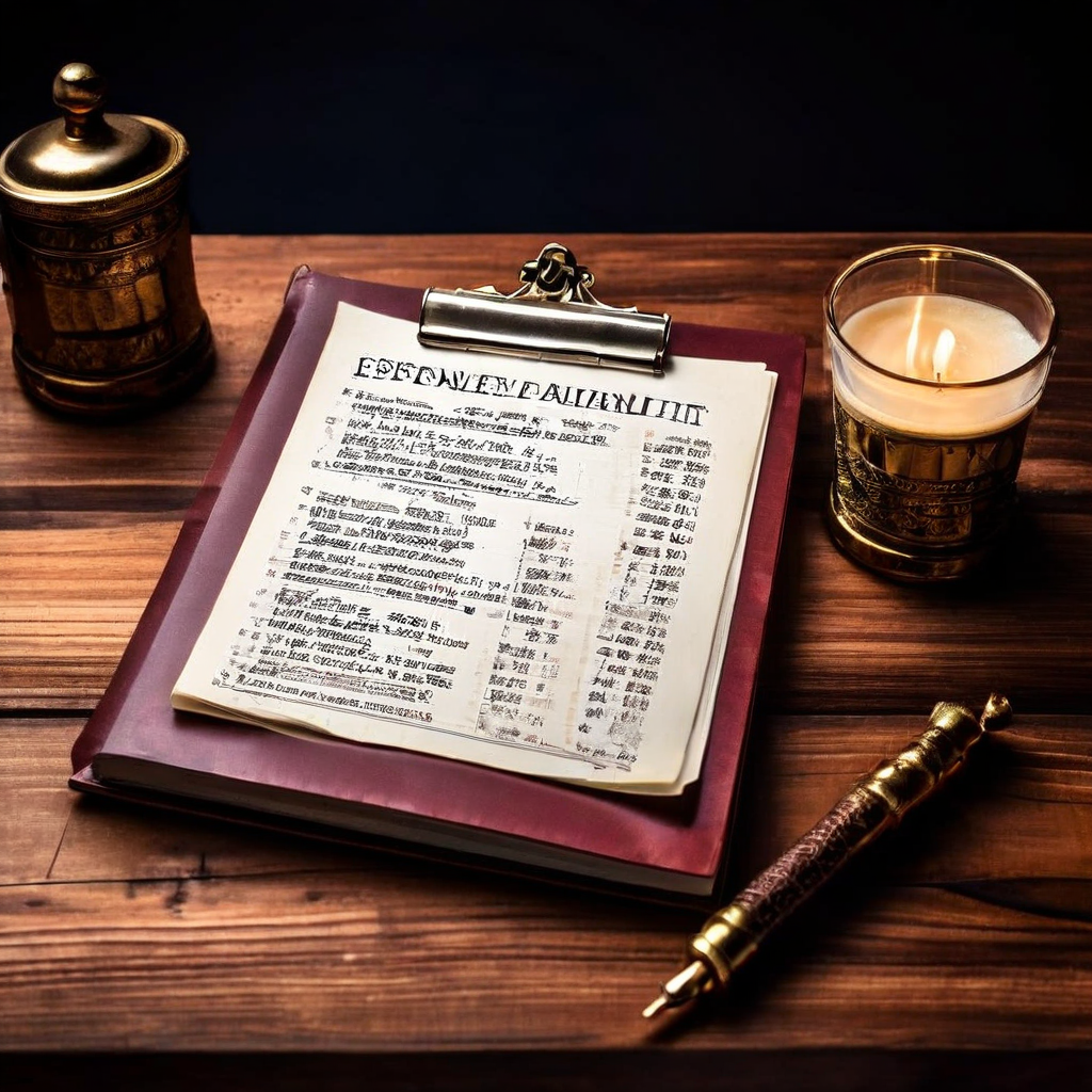 부당한 판결에 대한 항소 절차에 필요한 서류, 타임스탬프, 증거 목록을 아이콘과 함께 정리한 체크리스트가 고풍스러운 나무 책상 위에 놓여 있는 모습을 보여줍니다.