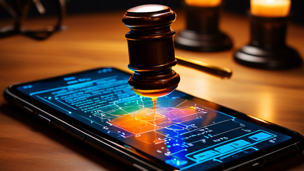 스마트폰 화면에 표시된 법률 문서 위에서 터치 인터랙션이 빛나는 점으로 표현되며, UI에는 법정 망치와 저울 아이콘이 자연스럽게 통합된 디지털 법률 서비스의 사용 과정을 보여줍니다.