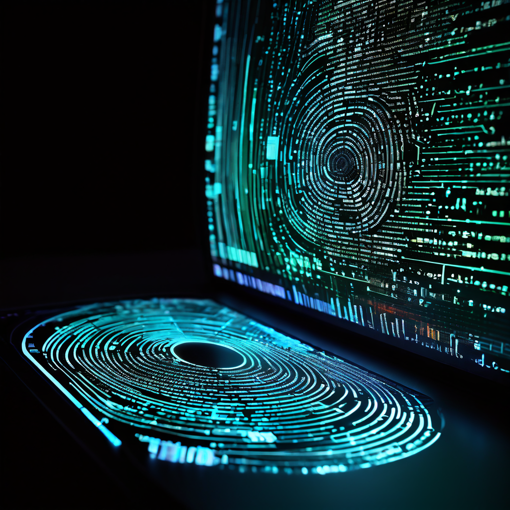 브라우저 코드가 디지털 지문을 스캔하고 분석하여 고유한 사용자 식별 패턴을 시각적으로 드러내는 과정을 상세히 보여주는 이미지입니다.