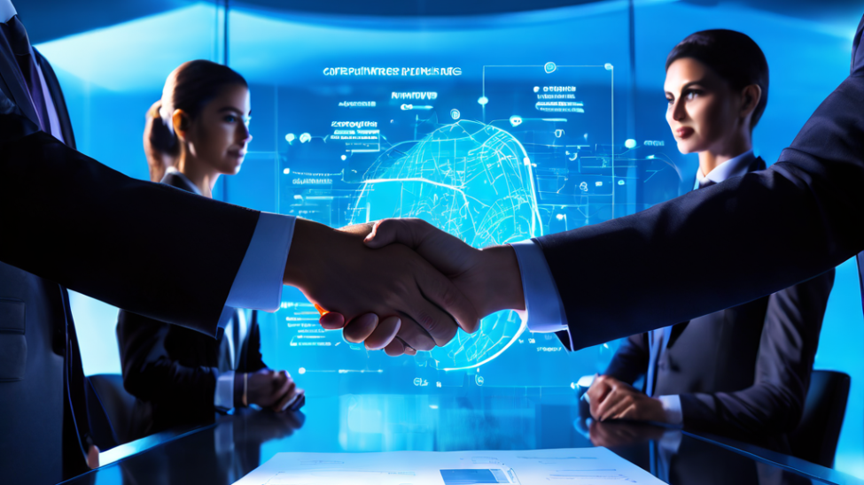 미래지향적인 기업 회의실에서 빛나는 계약서 위에 이루어진 악수와 함께 전략적 제휴 및 서비스 수준 계약 조건이 강조되어 비즈니스 협력의 성공적인 체결을 상징합니다.