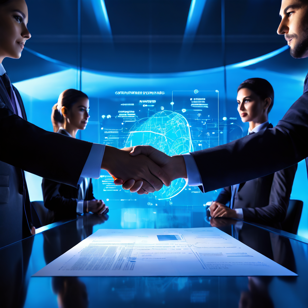 미래지향적인 기업 회의실에서 빛나는 계약서 위에 이루어진 악수와 함께 전략적 제휴 및 서비스 수준 계약 조건이 강조되어 비즈니스 협력의 성공적인 체결을 상징합니다.