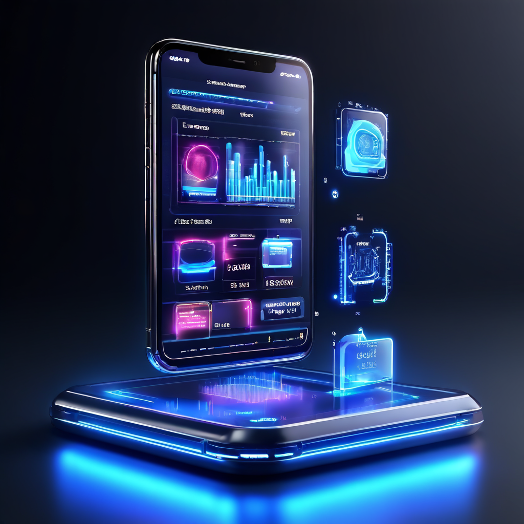 푸른색 조명이 들어오는 사각형 받침대 위에 스마트폰이 수직으로 떠 있으며, 화면 밖으로 홀로그램 인터페이스와 데이터 차트가 공중에 투영된 미래형 모바일 디바이스의 모습입니다.