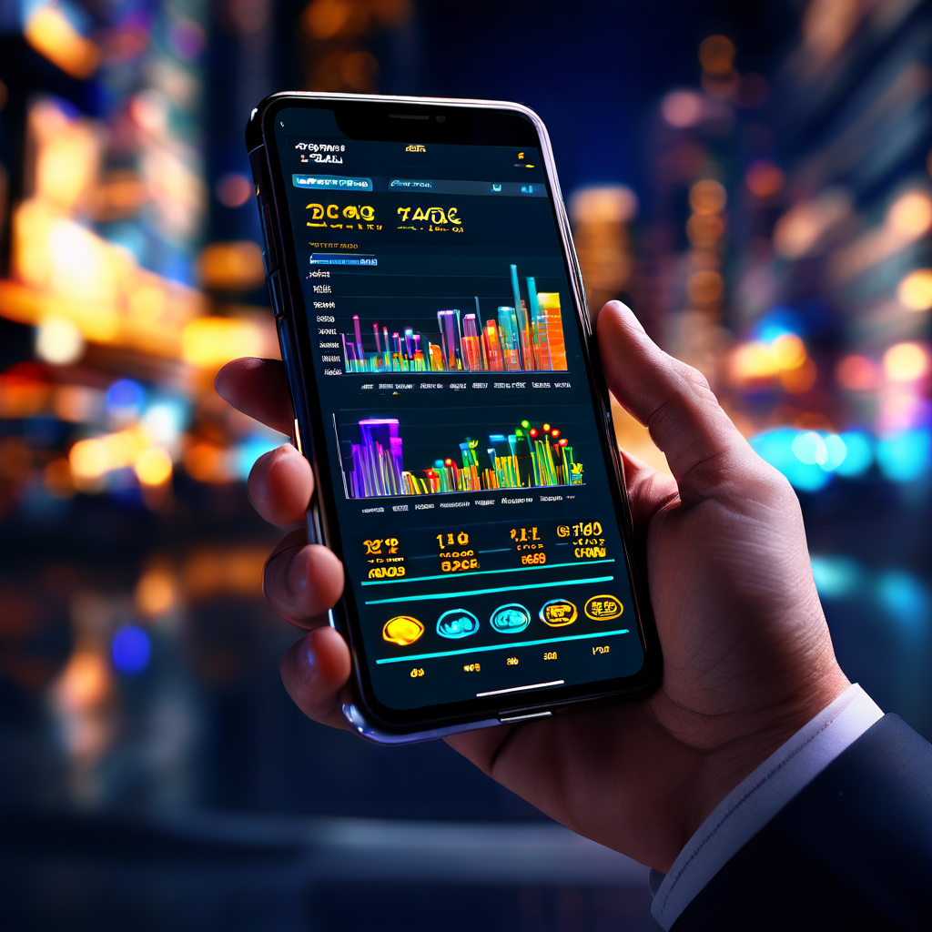 화려한 도시의 야경을 배경으로, 한 손에 든 스마트폰 화면 속에 복잡한 막대그래프와 데이터 분석 수치들이 인터페이스 형태로 표시되어 있는 모습입니다.