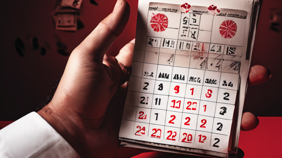 1번째 이미지는 도박의 유혹에 빠져 재정적 위기에 처한 사람을 상징하며, 빨간 경고 표시가 된 달력과 위로 겹쳐진 주사위 및 카드 그림자로 심각한 금전적 부담과 중독의 위험을 강조합니다.