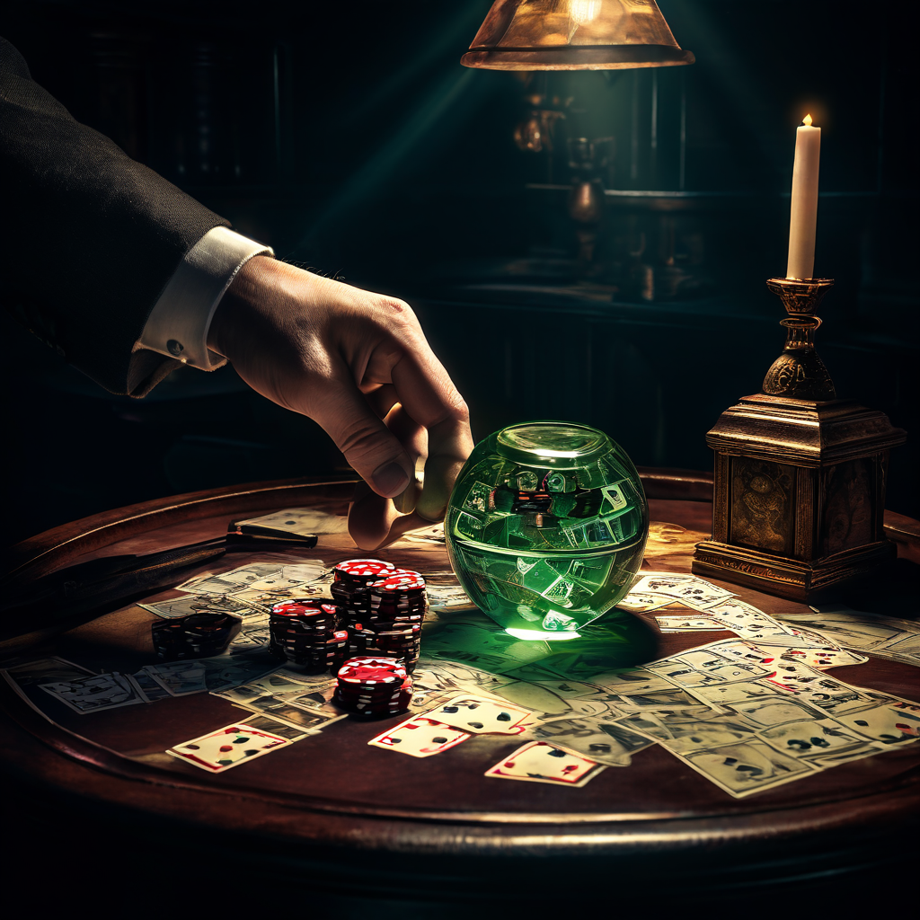 조작된 주사위를 붙잡은 필사적인 손과 도박 테이블 아래 숨겨진 함정문을 확대경으로 들여다보는 모습이 사기성 도박의 위험과 속임수를 경고하는 이미지입니다.