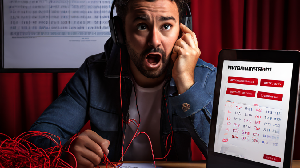 신뢰할 수 없는 결제 시스템으로 인해 연체된 결제 일정을 달력에 표시하고, 좌절한 고객이 전화를 기다리는 모습을 깨진 인증 보장 마크와 빨간 경고 실이 연결하여 묘사한 이미지입니다.