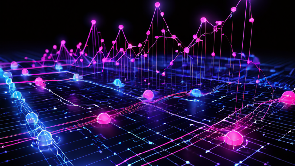 시간의 흐름에 따른 도메인 운영의 순환적 패턴과 트렌드를 발광하는 노드와 연결선으로 시각화한 타임라인 그래프를 나타냅니다.