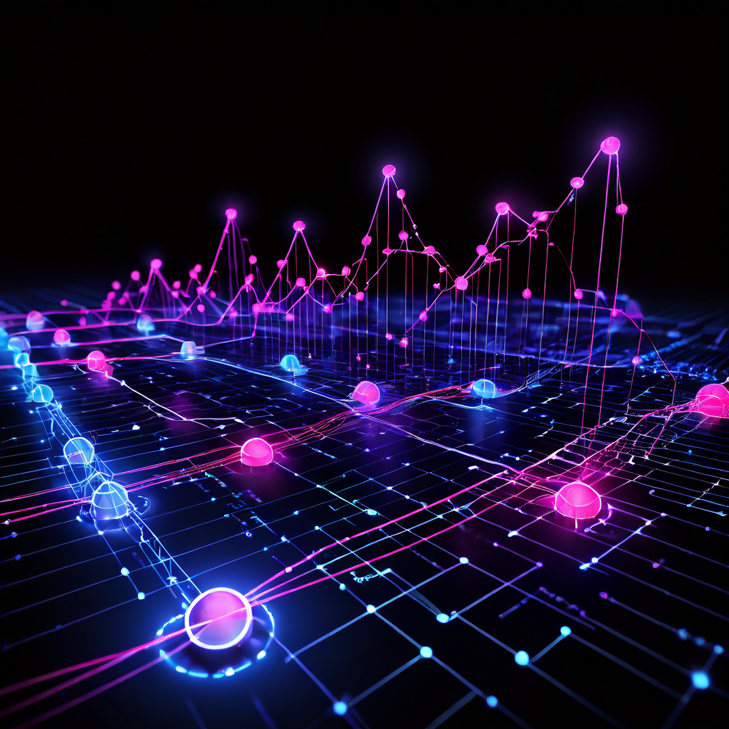 시간의 흐름에 따른 도메인 운영의 순환적 패턴과 트렌드를 발광하는 노드와 연결선으로 시각화한 타임라인 그래프를 나타냅니다.