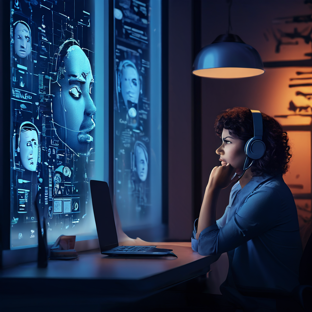 고객 서비스 채팅창에서 친절한 응답이 점차 차갑고 자동화된 답변으로 바뀌는 모습을 보며 통화 대기 중에 짜증이 난 고객의 표정과 상황을 표현한 이미지입니다.