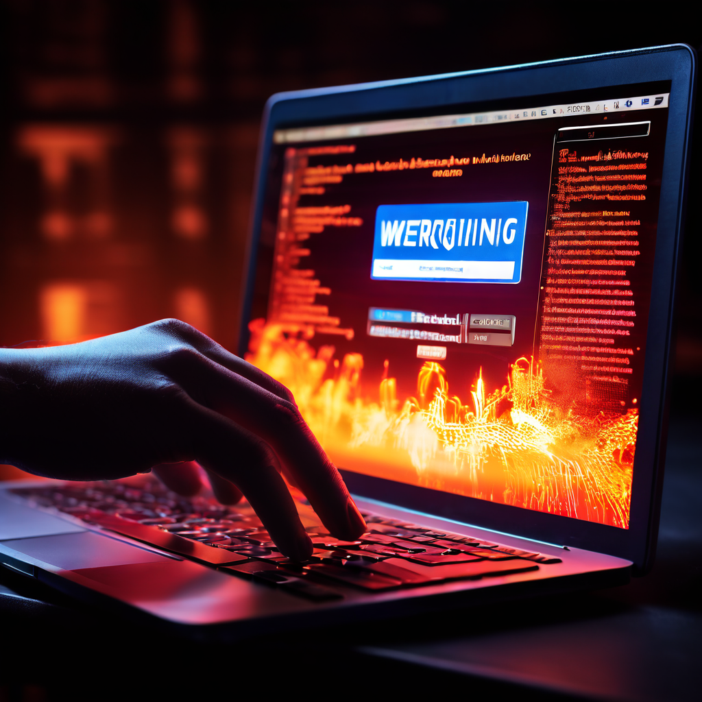 사용자가 의심스러운 웹사이트 접속 시 발생하는 브라우저 보안 경고 화면 앞에서 키보드 위에 망설이는 손을 통해 사이버 보안의 중요성과 사용자의 주의를 환기하는 상황을 묘사한 이미지입니다.