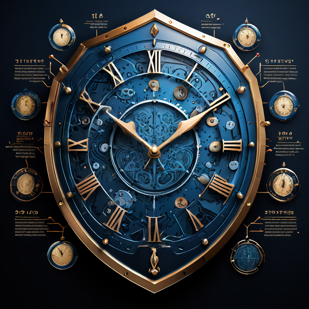 데이터 포인트가 타임라인을 따라 보안을 상징하는 방패로 유입되며 시계와 달력이 검증의 중요한 순간을 강조하는, 시간 요소가 핵심인 검증 프로세스 개념을 시각화한 이미지입니다.