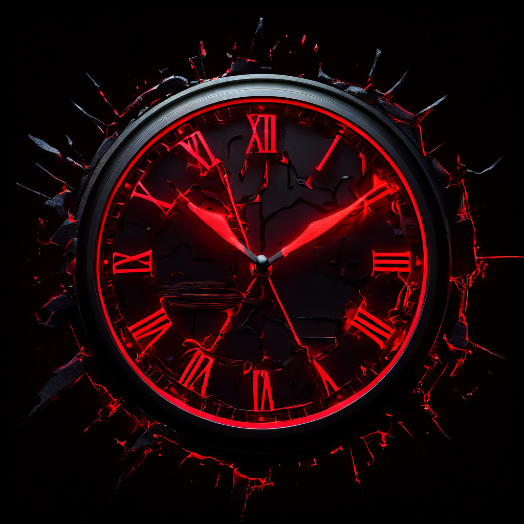 데이터 불일치 경고를 상징하는 깨진 디지털 시계가 두 개의 상반된 날짜를 가리키며, 주변에 빨간색 경고 아이콘들이 떠 있는 개념도 이미지입니다.