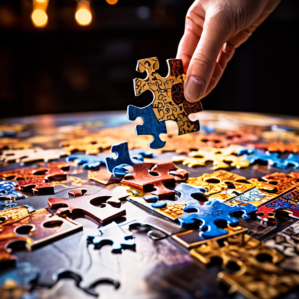 복잡하고 완성되지 않은 퍼즐에서 한 조각을 들어 올리며 주변 테이블에 동일한 대체 조각들이 흩어져 있는 모습은 문제 해결과 시행착오 과정을 상징적으로 보여줍니다.