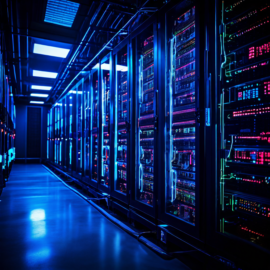 데이터 센터 내 서버 랙과 컴퓨터 화면에 표시된 IP 주소를 빛나는 선으로 연결하여 네트워크 연결과 데이터 전송 과정을 시각적으로 표현한 개념도입니다.