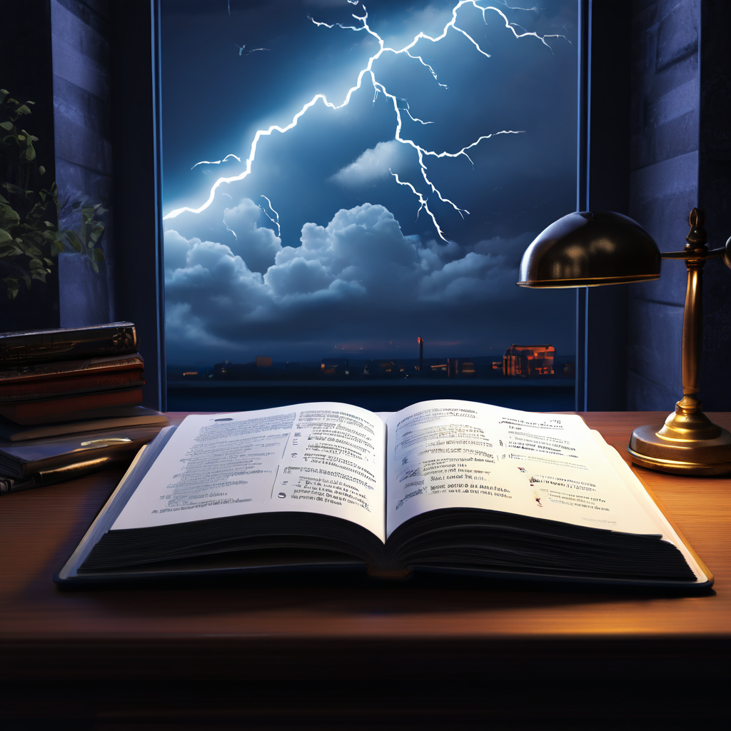 위기 관리 가이드북이 열린 책상 위에 놓여 있으며, 창밖으로는 경고 표시가 있는 먹구름이 다가오는 위기 상황을 상징적으로 묘사한 이미지입니다.