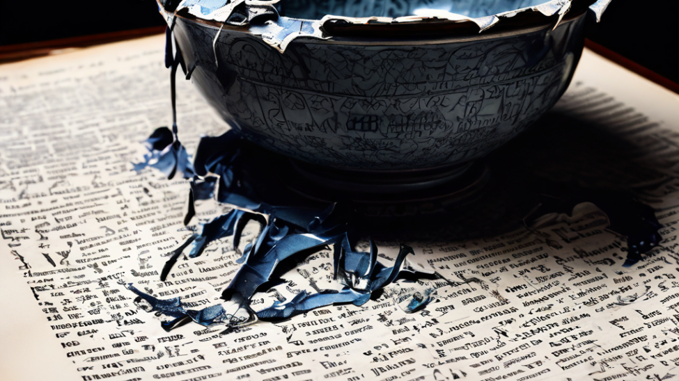 공식적인 공고문의 표면이 오래된 도자기처럼 갈라지고 뒤틀리며 그 아래의 어두운 혼돈을 드러내는 모습을 상징적으로 표현한 이미지입니다.