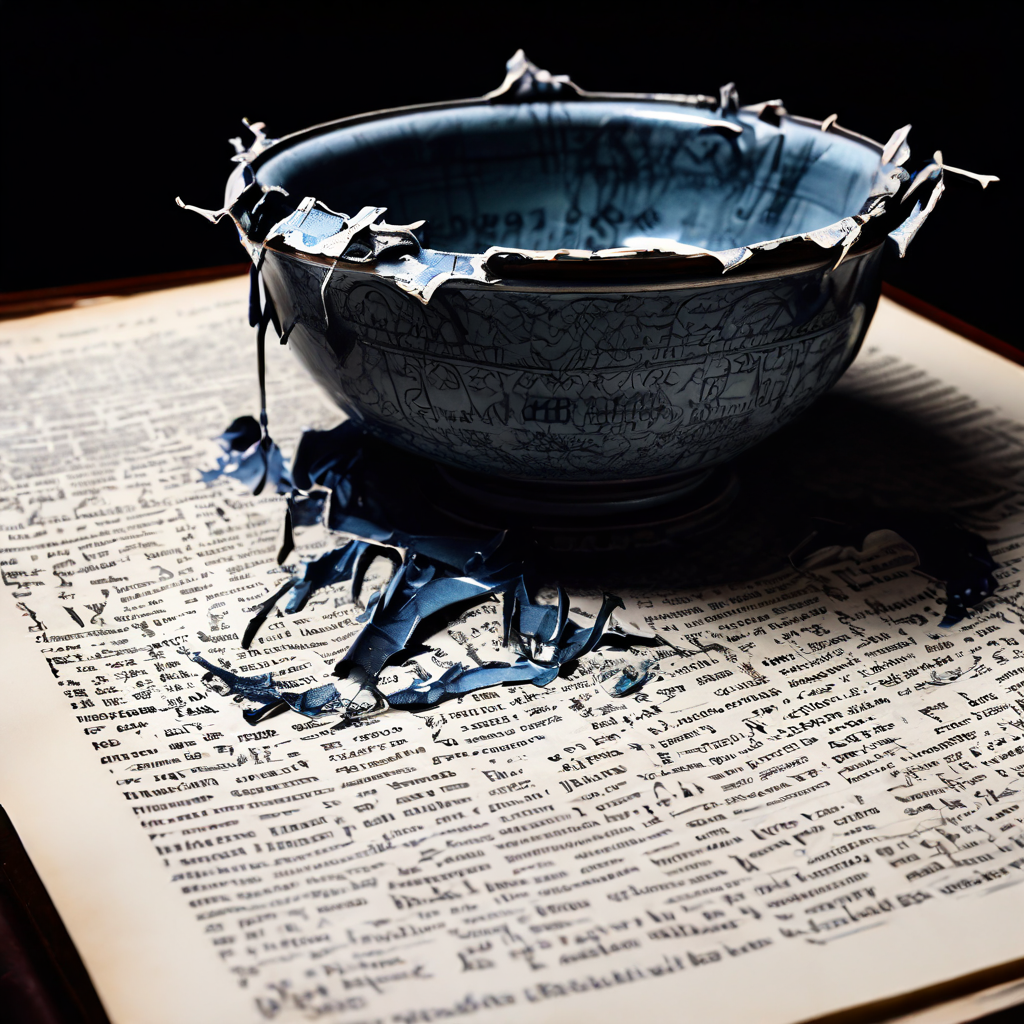 공식적인 공고문의 표면이 오래된 도자기처럼 갈라지고 뒤틀리며 그 아래의 어두운 혼돈을 드러내는 모습을 상징적으로 표현한 이미지입니다.