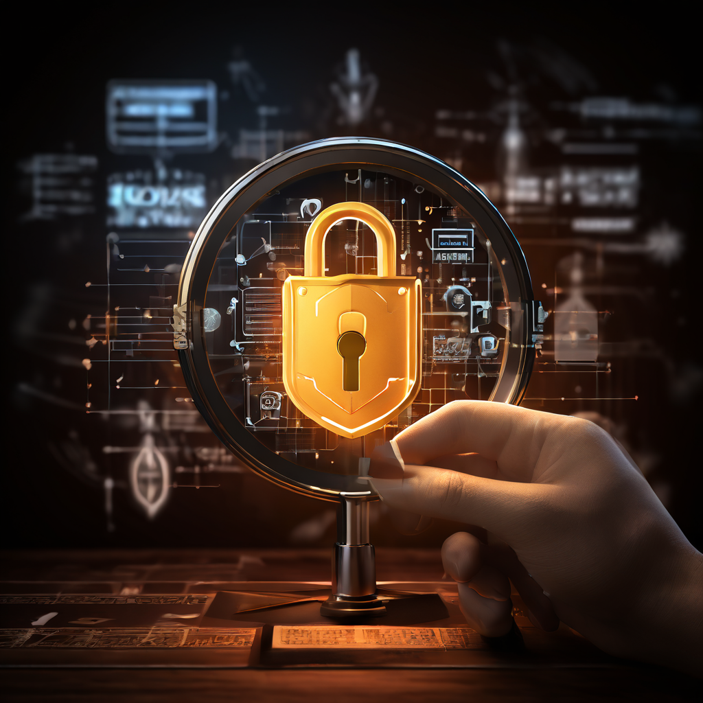 디지털 자물쇠 위에 확대경을 들고 보안 점검을 수행하는 모습을 상징하며, 배경에는 검증 체크리스트와 보안 실드 아이콘이 강조되어 있습니다.