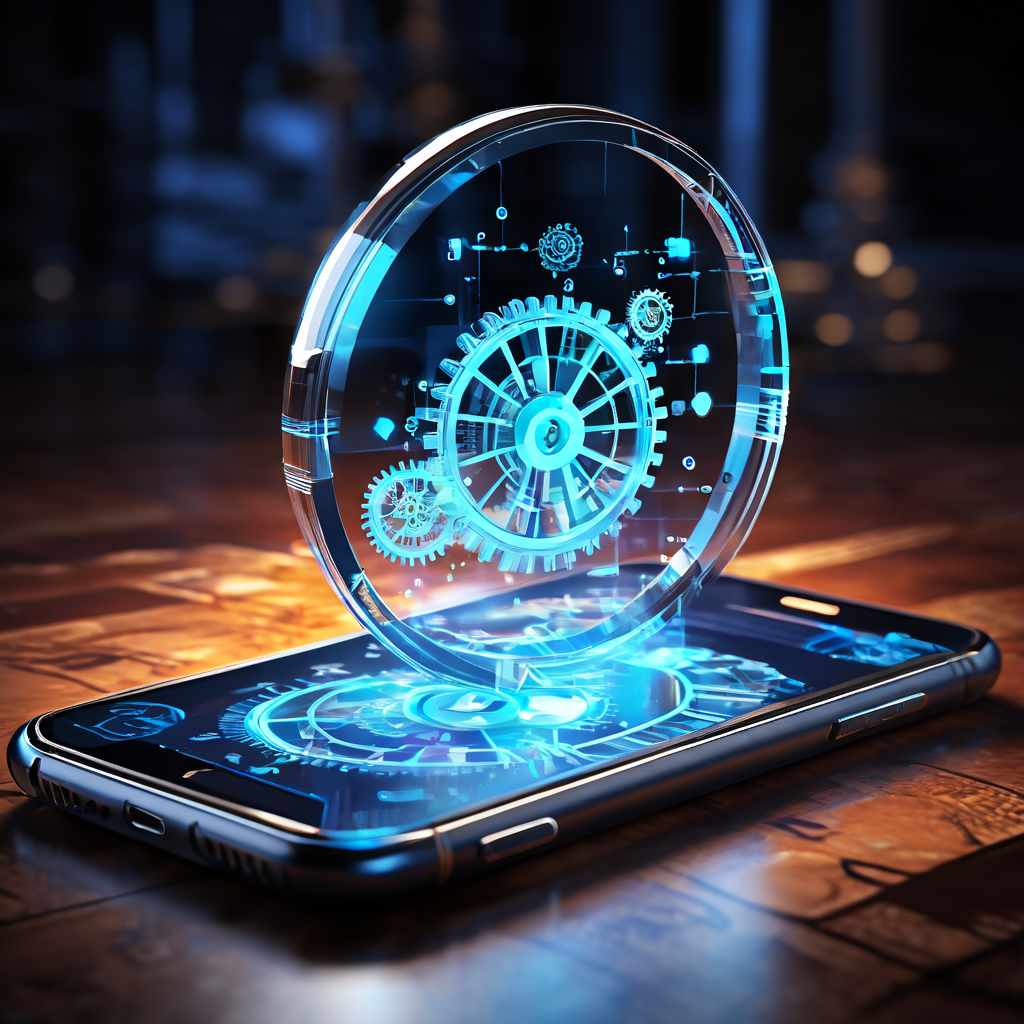 스마트폰 화면 위에 놓인 돋보기로 사용자 인터페이스 뒤에 숨겨진 투명한 기어와 빛나는 연결점을 드러내며 디지털 시스템의 내부 작동 원리를 시각화한 이미지입니다.