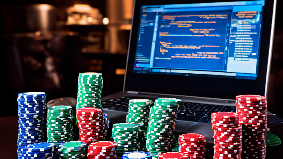 New online casino community members gather around a laptop and casino felt table, comparing game vendor notes while holding playin