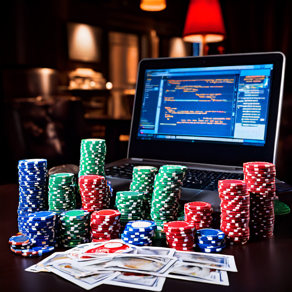 New online casino community members gather around a laptop and casino felt table, comparing game vendor notes while holding playin