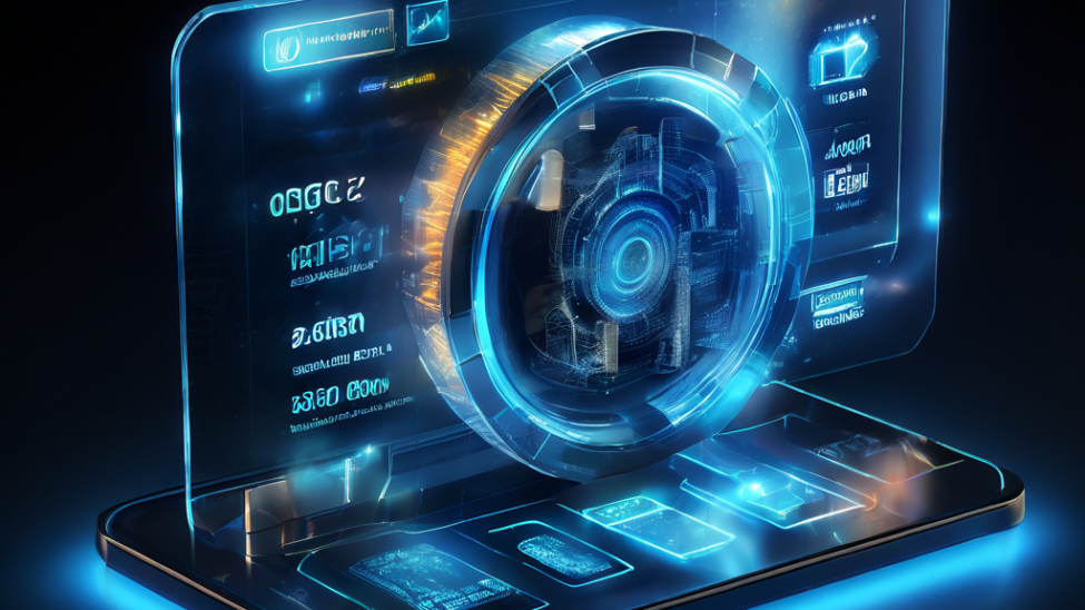 Digital interface displaying layered security verification flow with glowing data paths and transparent shield icon over a clean...